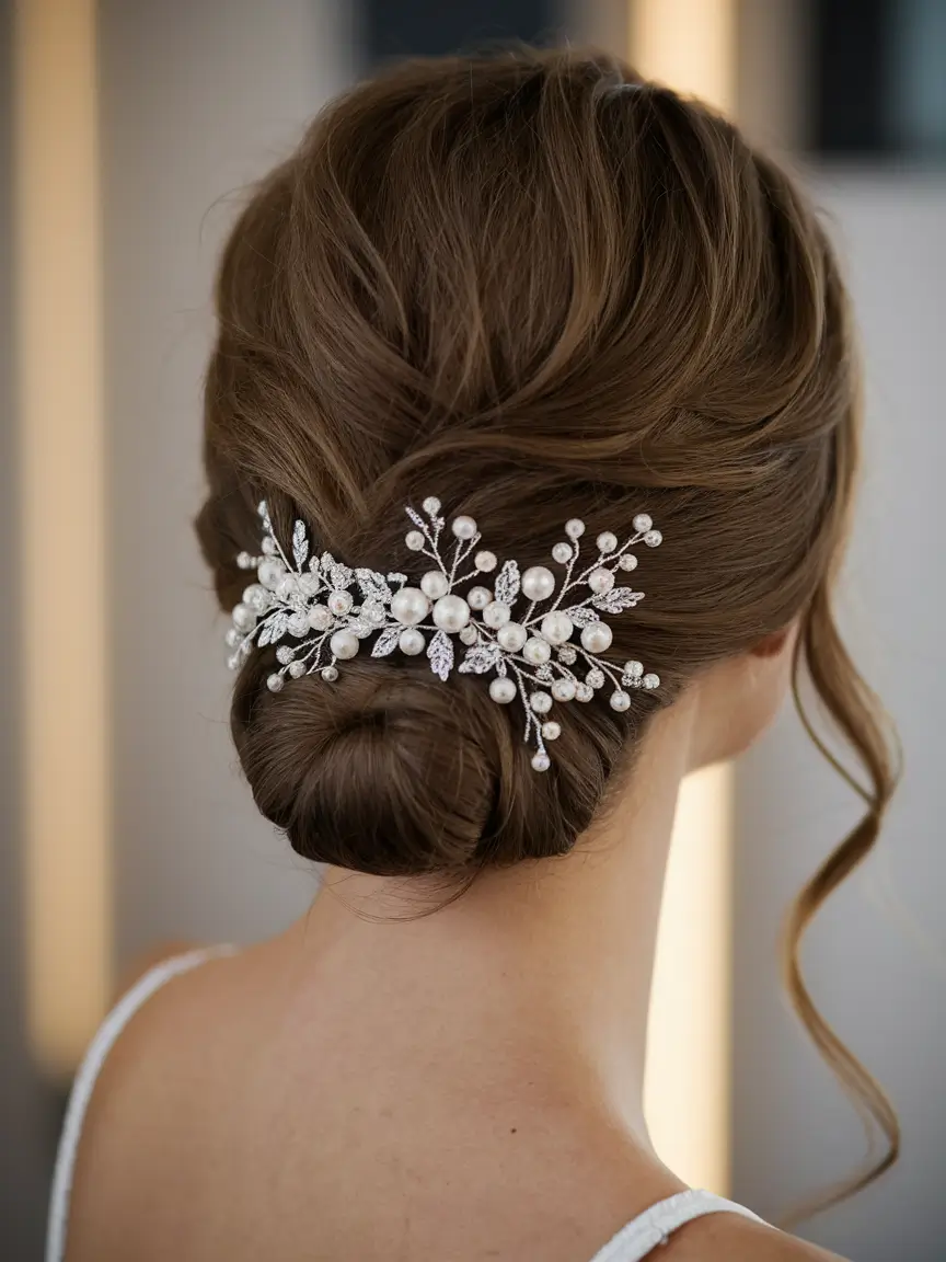 Elegant Wedding Hair Trends - Summer 2025 Polished Low Bun with Pearl Headband
