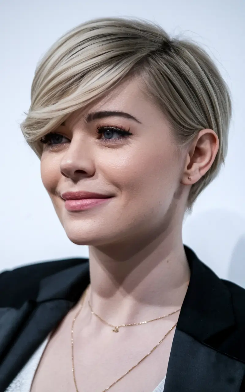 haircut chubby face women Sweeping Side Bangs with Undercut Pixie