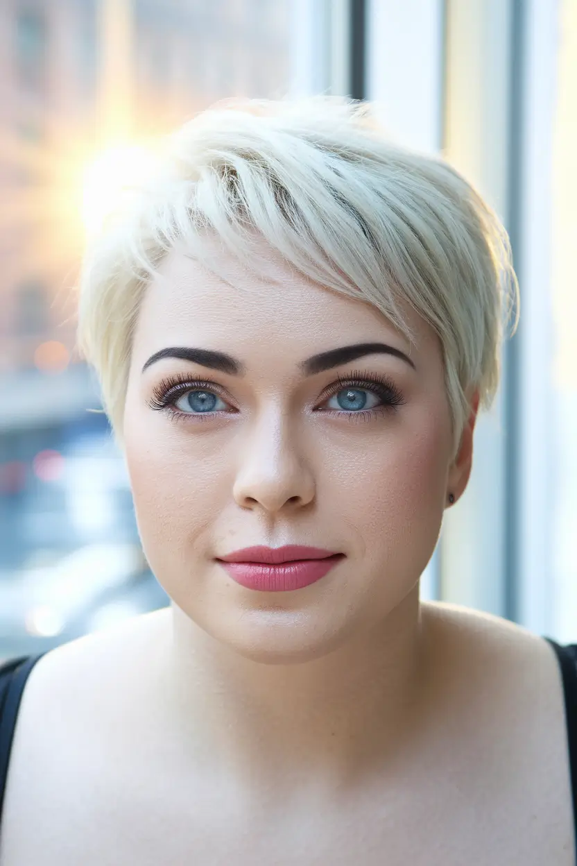 haircut chubby face short Platinum Pixie with Soft Texture