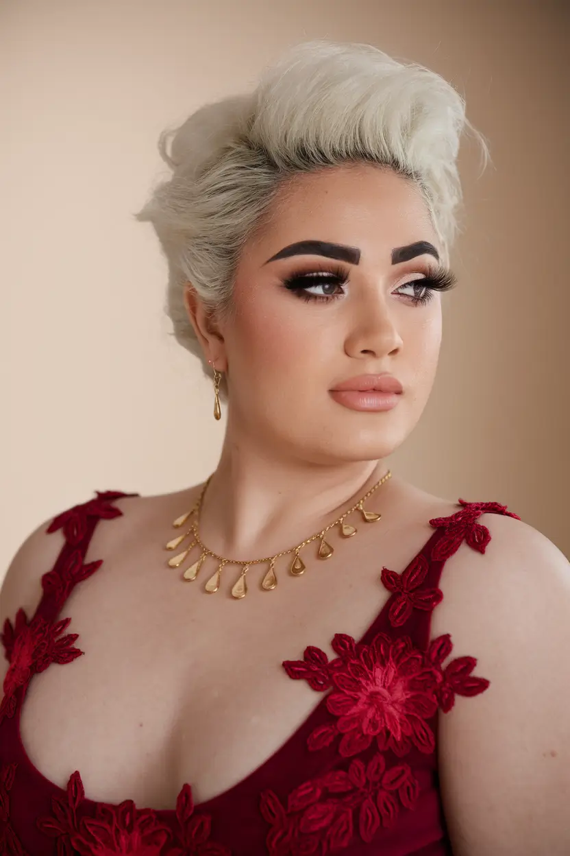haircuts for chubby faces plus size Retro Volume Pompadour with Platinum Glam