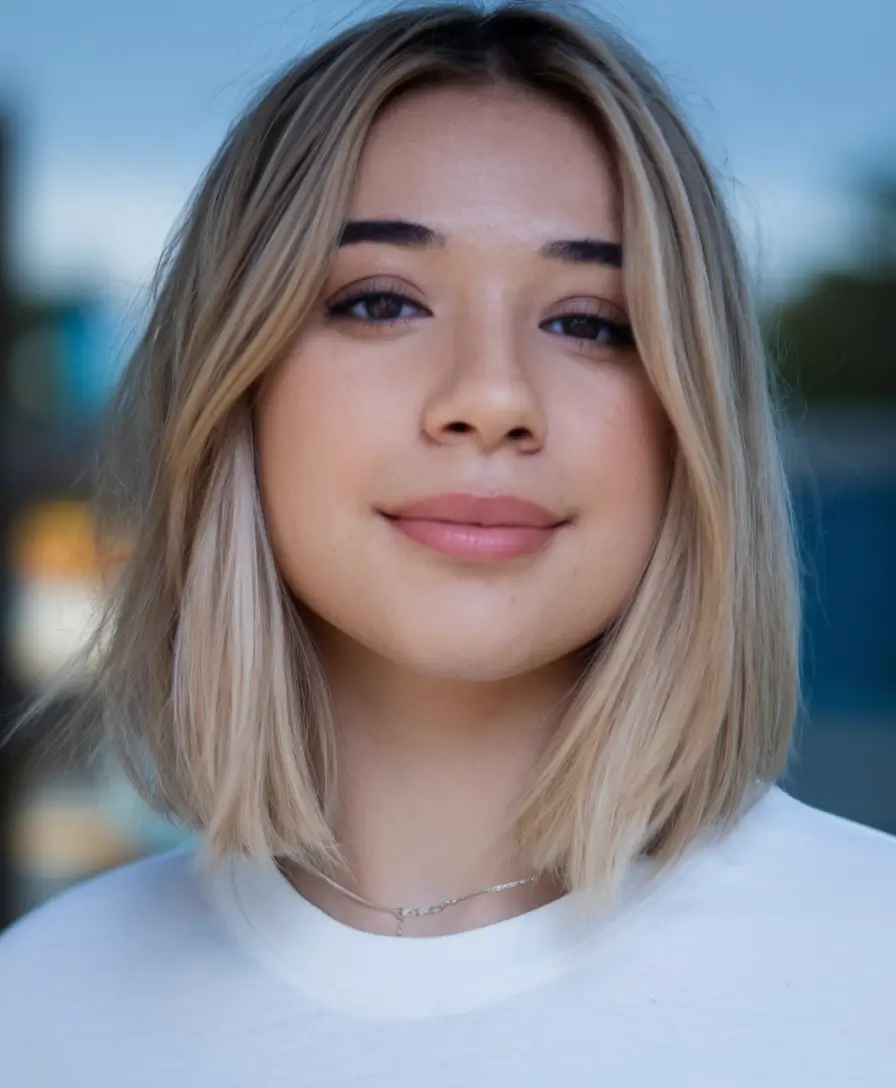 haircut chubby face straight hair Subtle Balayage Lob with Curtain Bangs