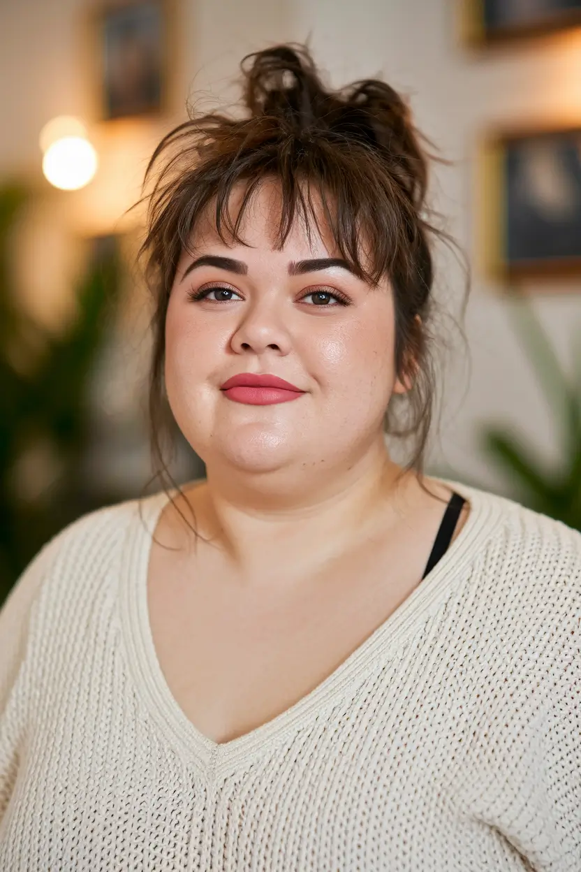 haircut chubby face bangs Messy Bun with Wispy Curtain Bangs