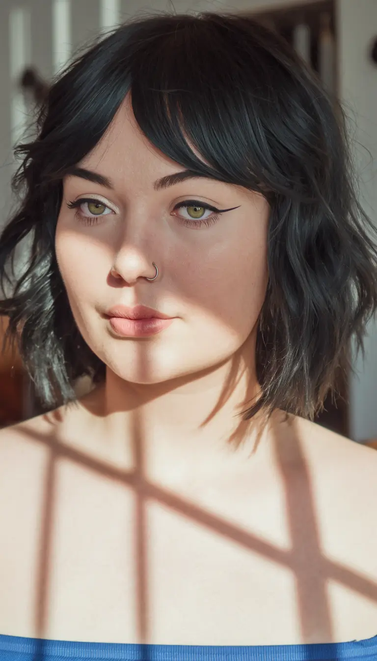haircut chubby face girl Jet Black Wavy Bob with Curtain Bangs