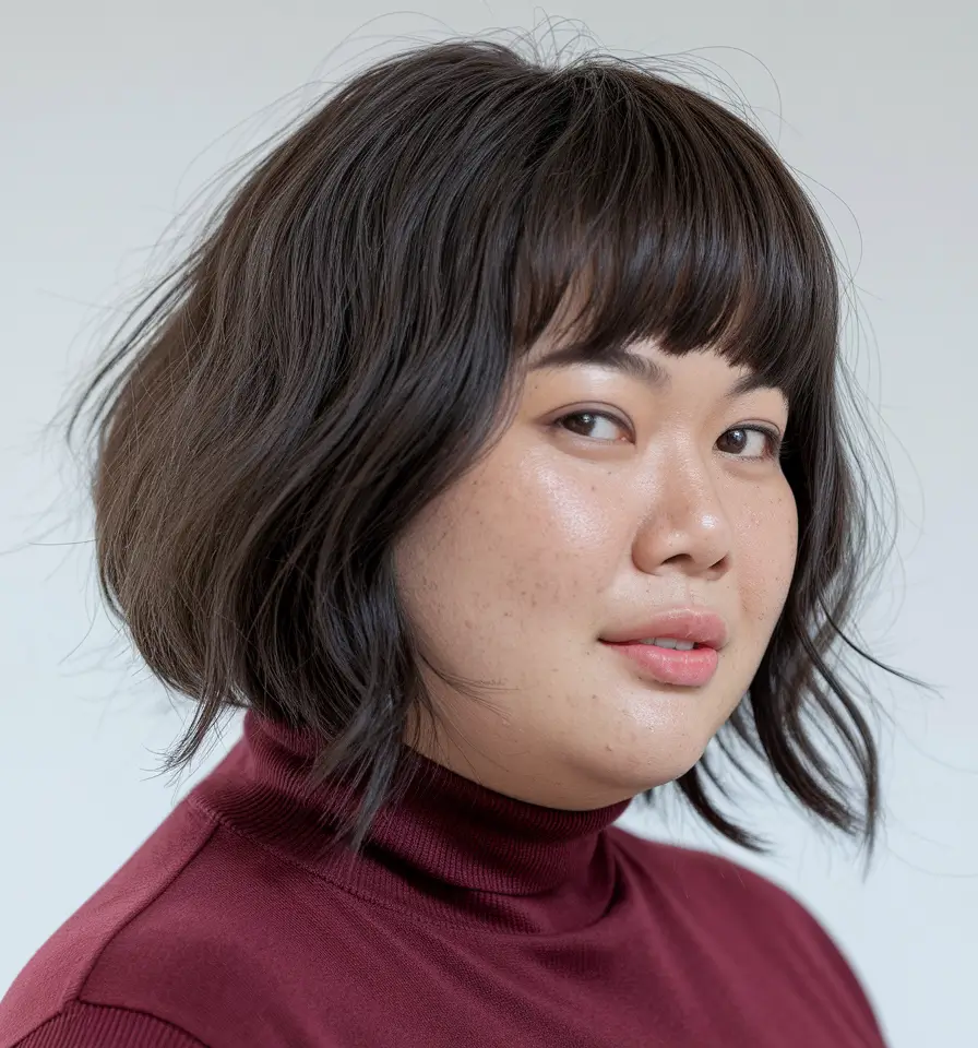 haircuts for chubby faces short Wavy Brunette Bob with Rounded Bangs