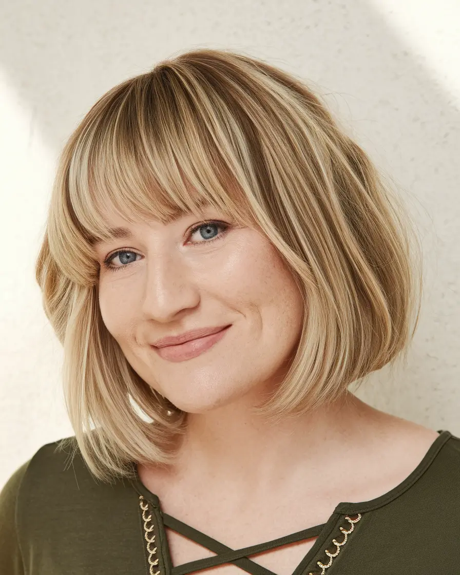 haircut chubby face bangs Classic Bob with Soft Rounded Bangs