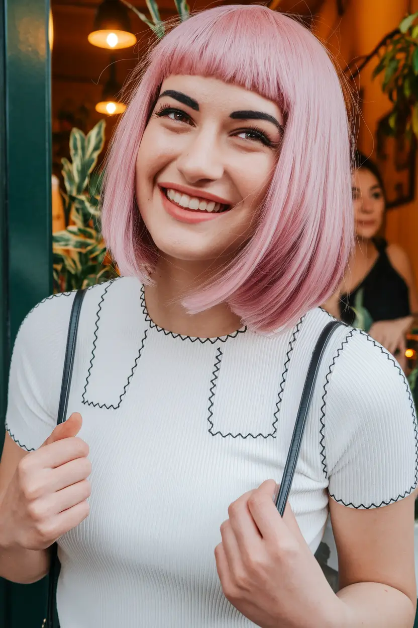haircut chubby face girl Blunt Candy-Colored Bob with Micro Bangs