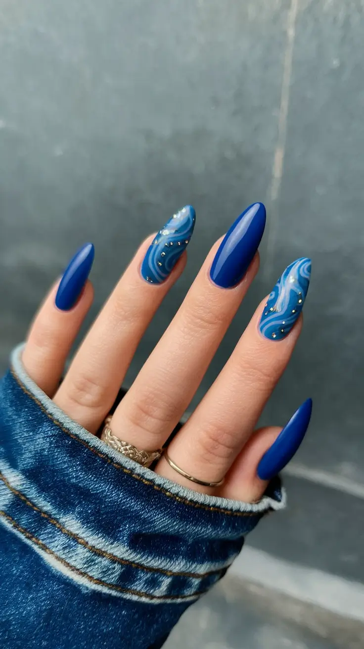 june nails color art designs Midnight Swirl with Star Accents