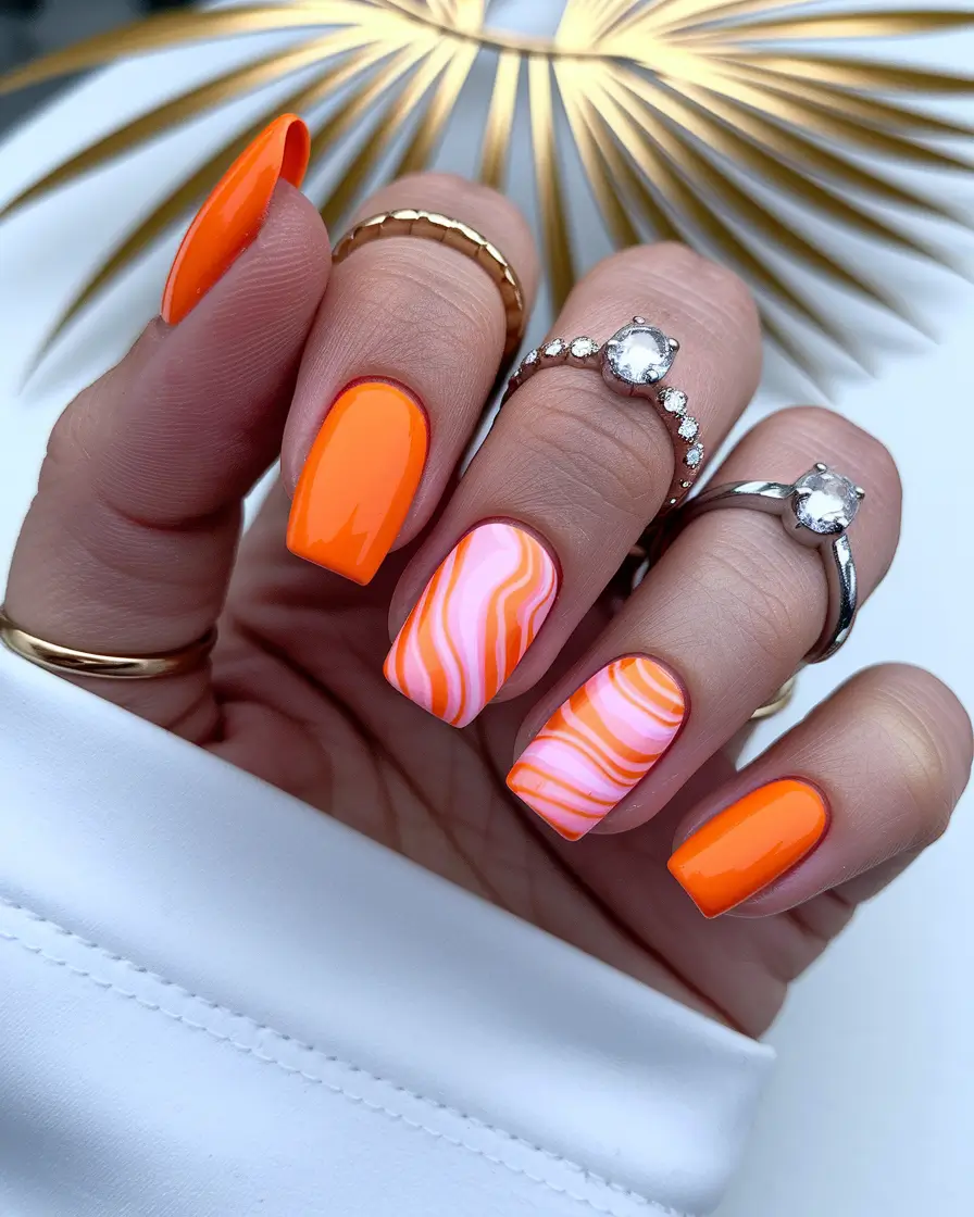 june nails color ideas 2025 Citrus Punch Meets Retro Swirl