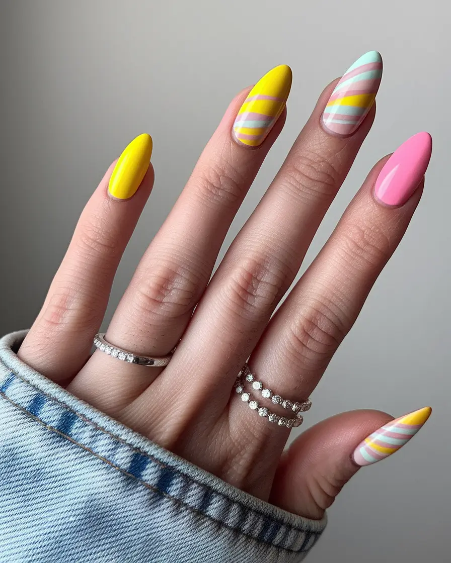 june nails color 2025 Striped Lemonade & Candy Pink