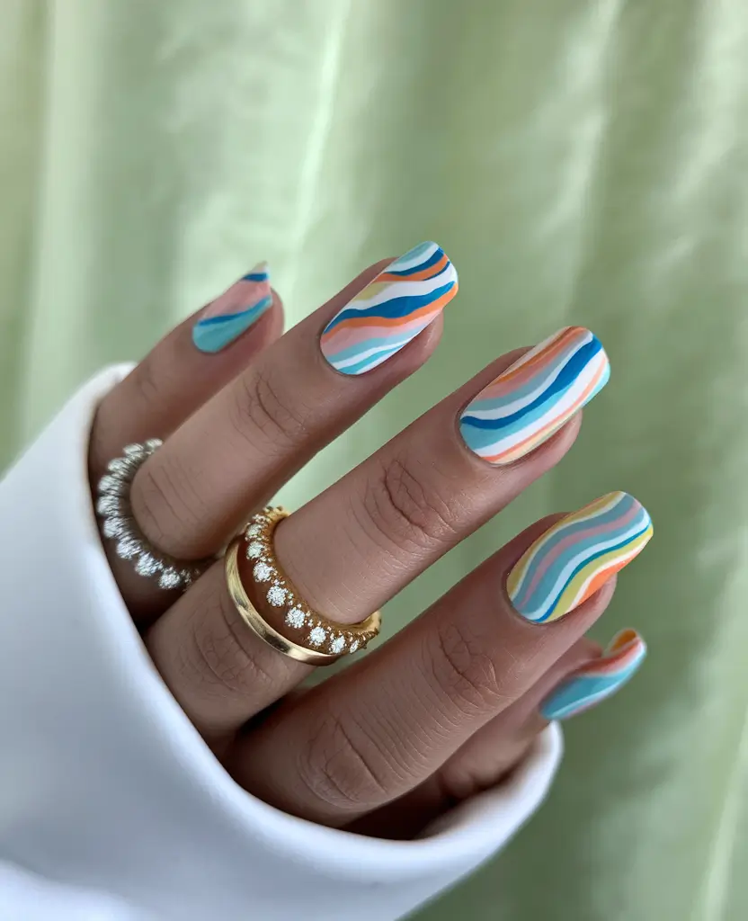 june nails color ideas 2025 Wave Pattern in Coastal Blues
