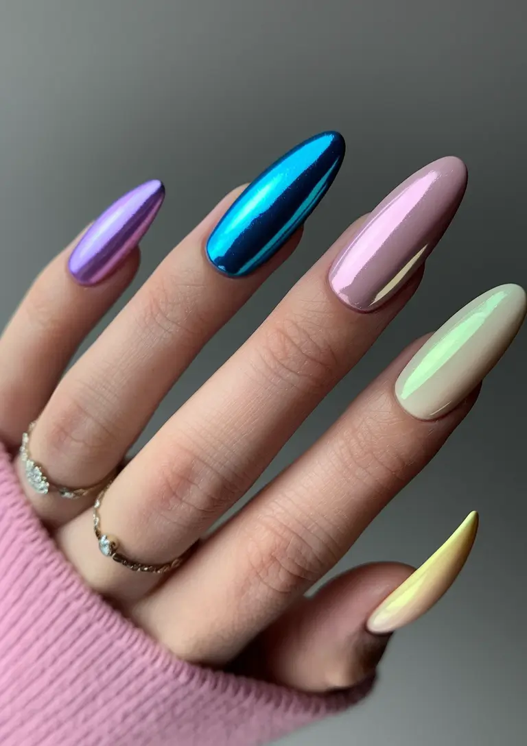 june nails colorful Chrome Rainbow Dreams