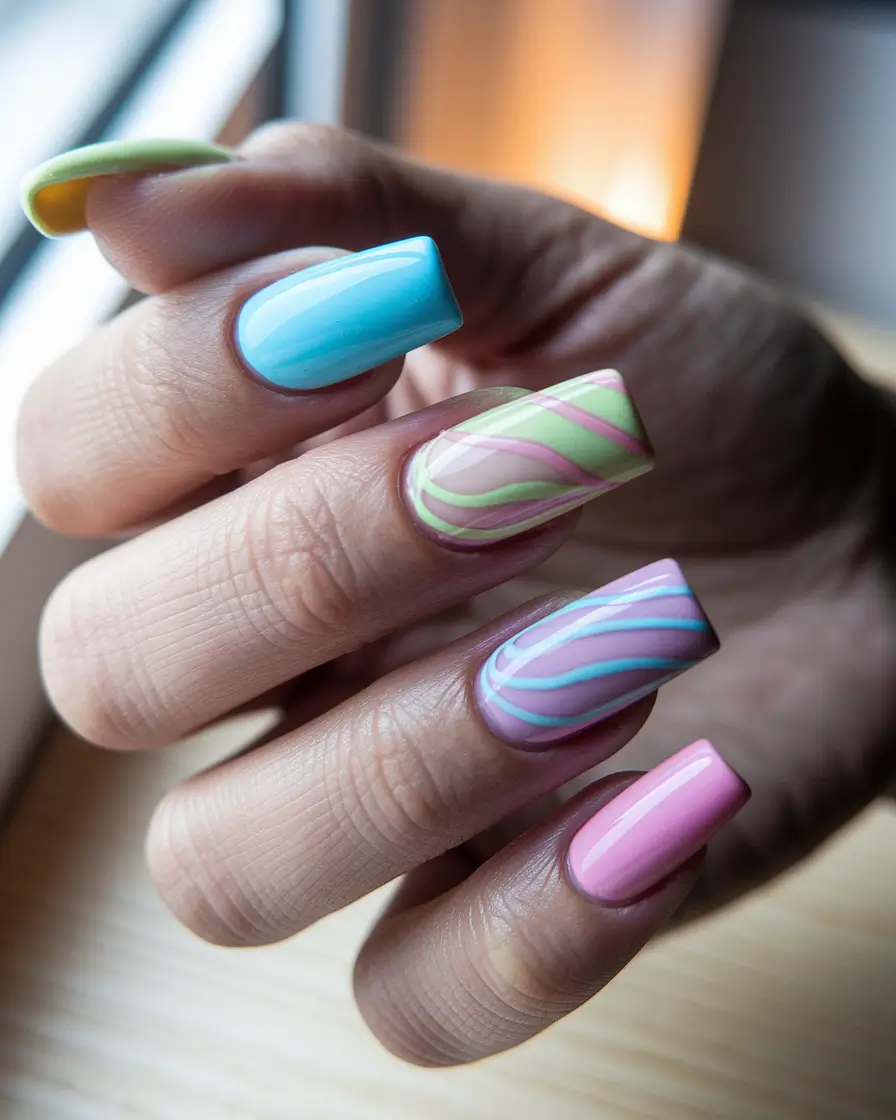 june nails ideas 2025 Playful Waves in Pastel Delight