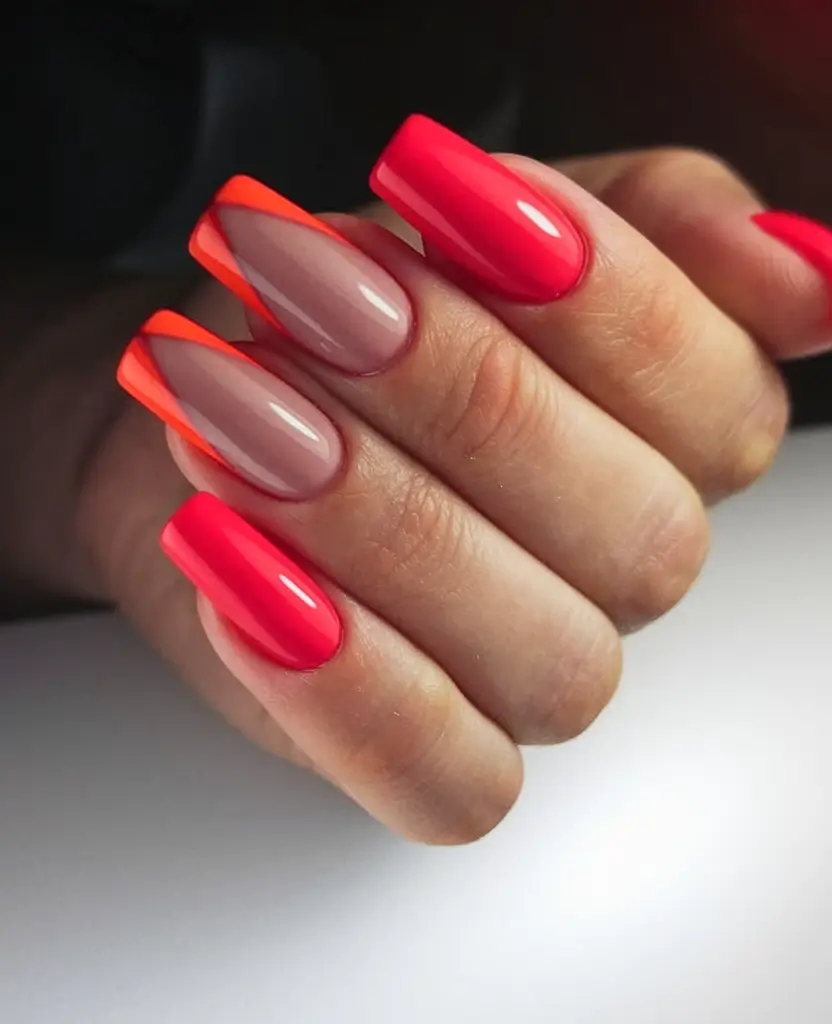 june nails ideas 2025 Red & Orange Sunset Tips