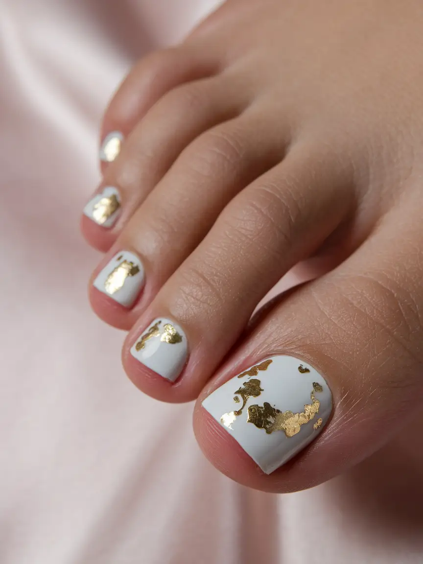 june toe nails ideas 2025 White and Gold Luxe Foil