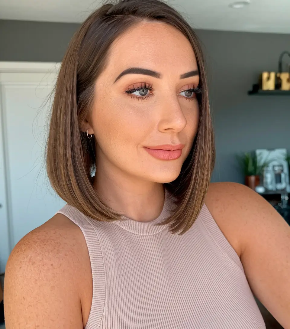 Stylish Bob Hair Summer Warm Brunette Sleek Bob with Natural Part