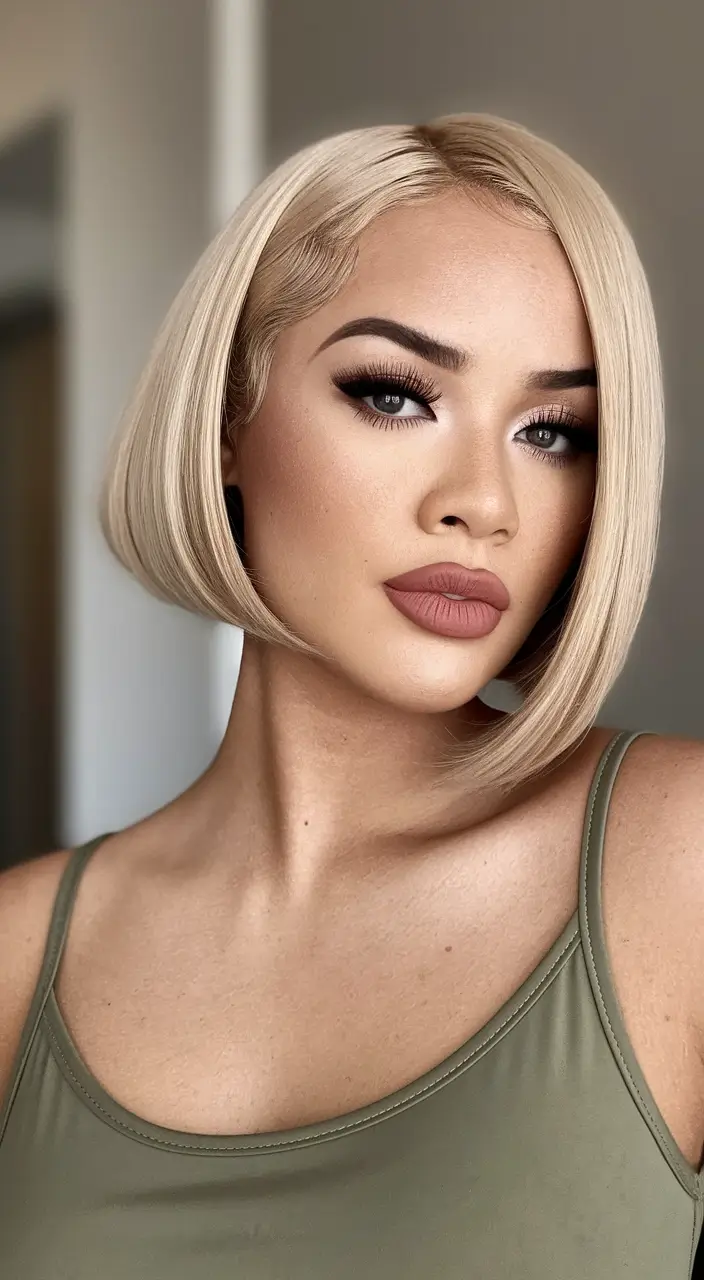 Stylish Bob Hair Summer Cream Blonde Sculpted Bob with Side Swoop