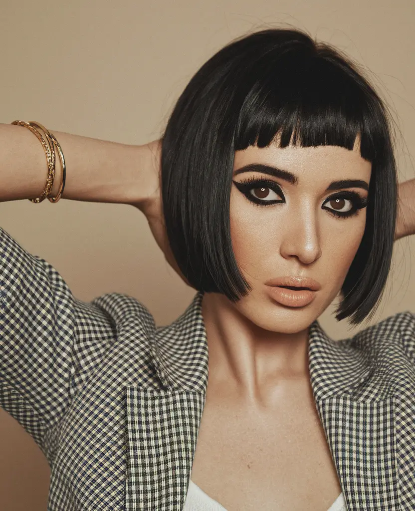 Stylish Bob Hair Summer Jet Black Precision Bob with Baby Bangs