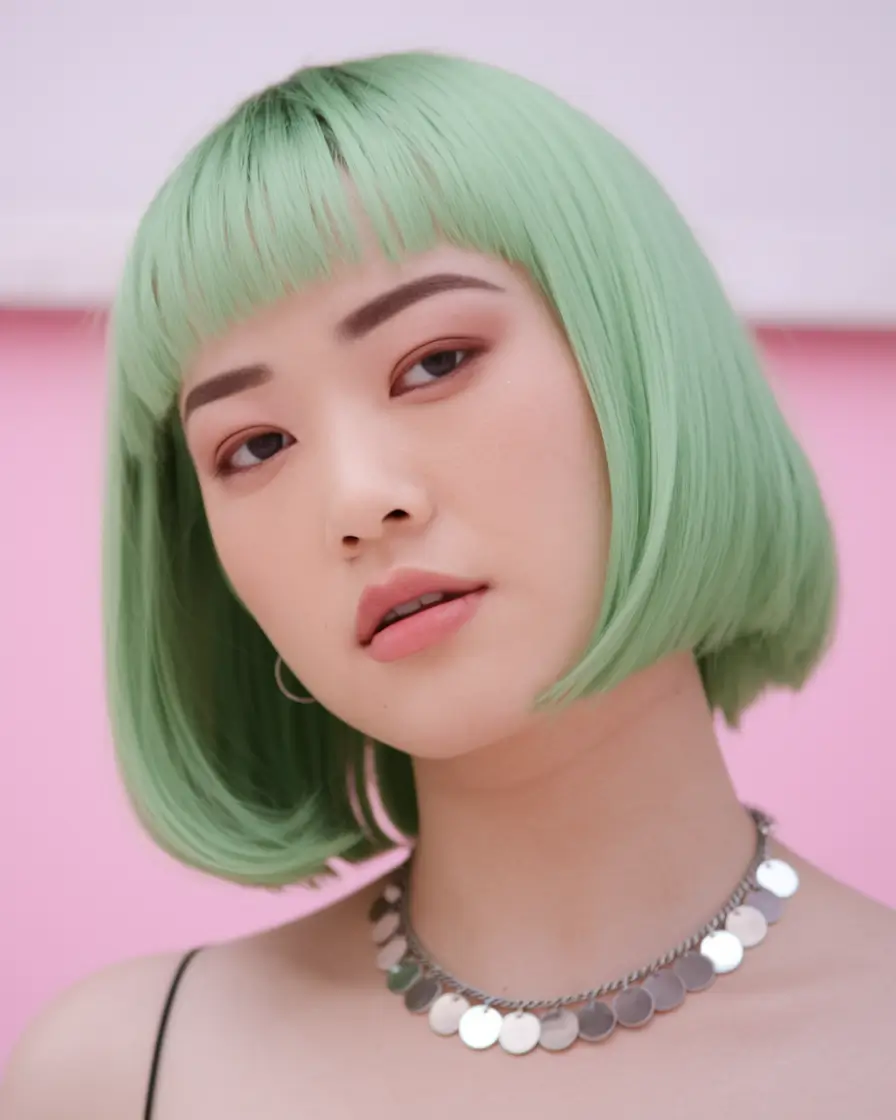 Stylish Bob Hair Summer Mint Green Micro Bob with Baby Bangs