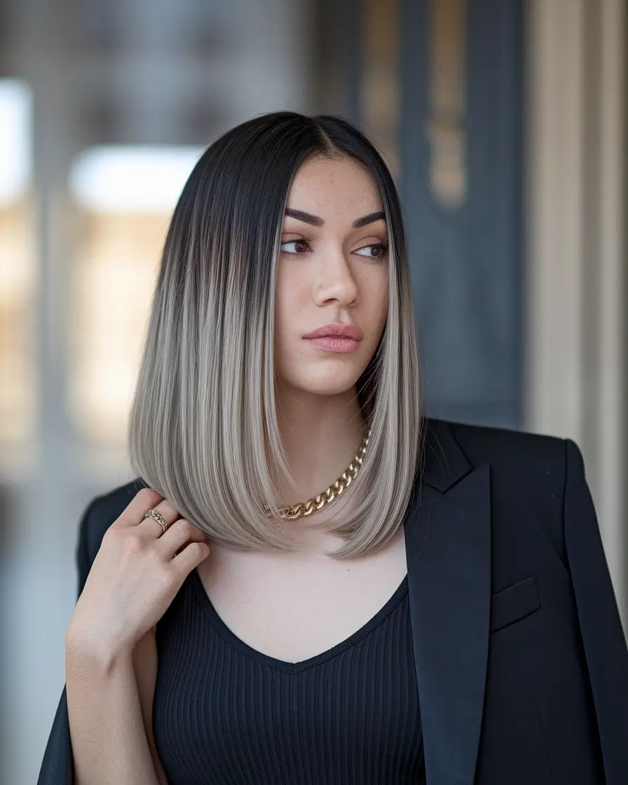stylish women haircuts Chic Ash Blonde Lob with Shadow Roots