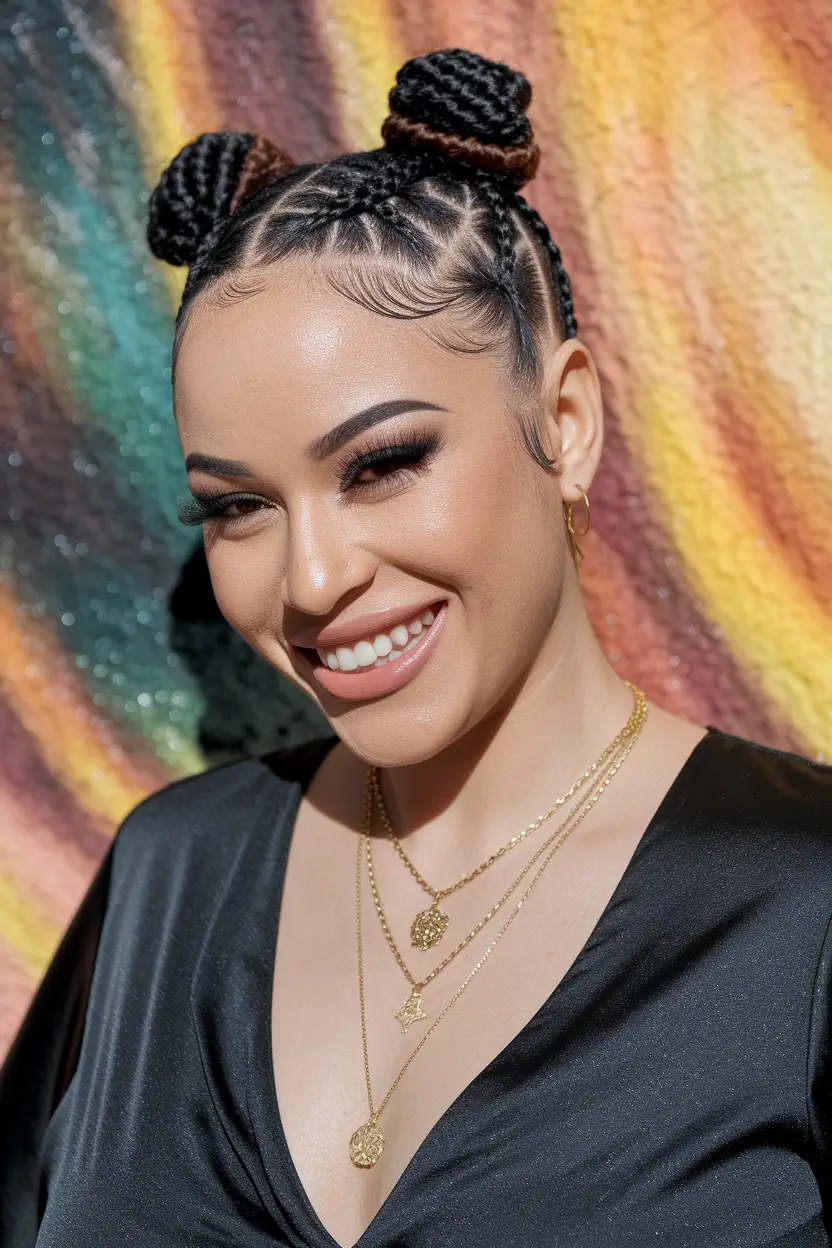 stylish women haircuts Cornrow Space Buns with Edge Detail