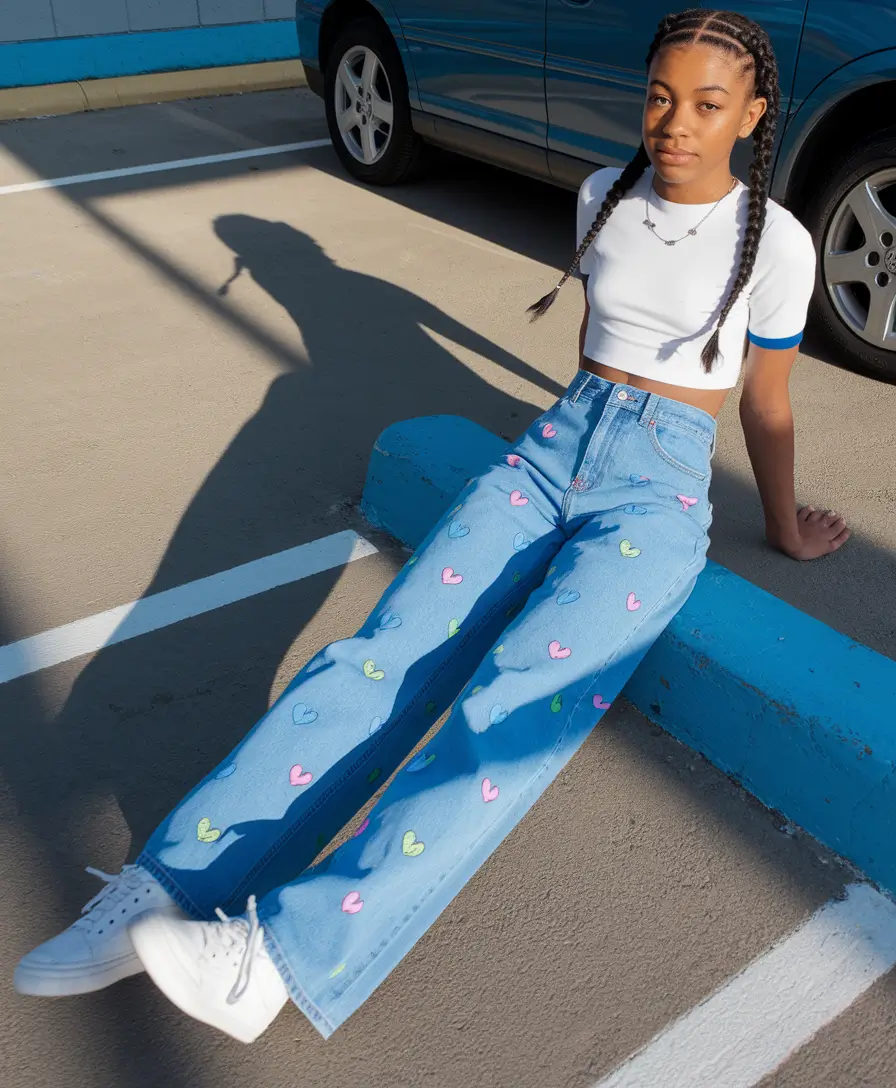 cute summer outfits for teen girls beach shirts & tops Heart Print Denim and Cropped Tee Playful Pop of Color