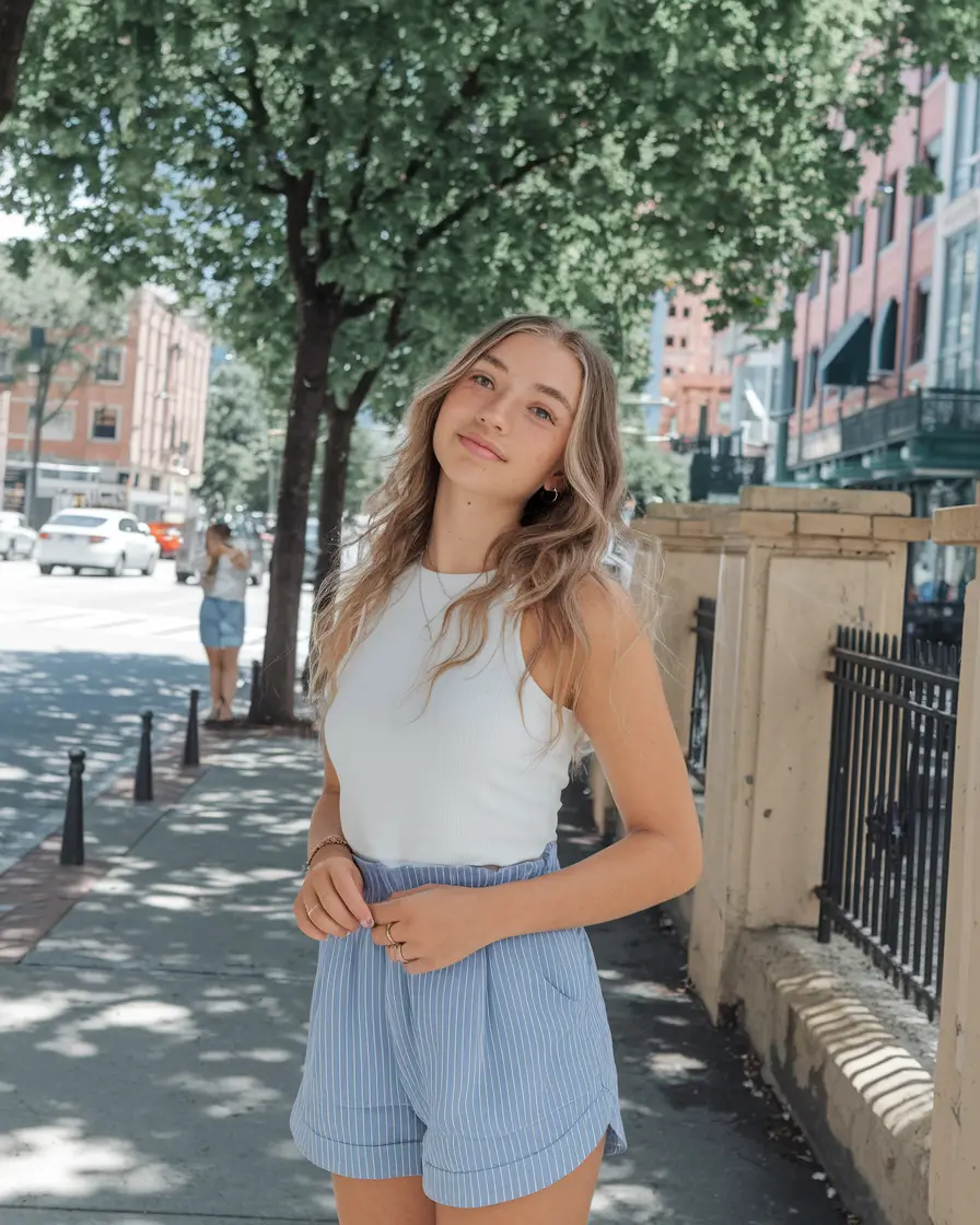 summer outfits teen girls casual White Tank and Striped Shorts Cool and Classic Summer Look