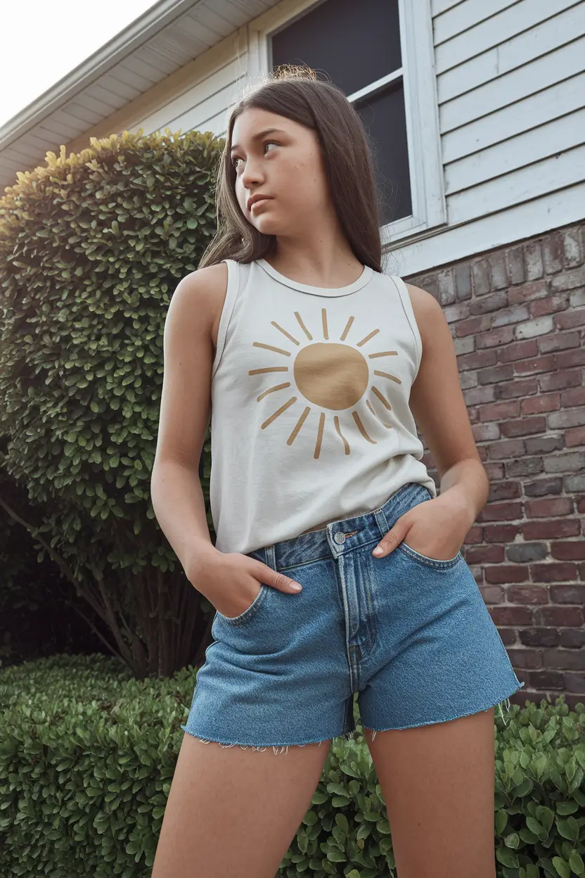 summer outfits for teen girls beach Sunshine Graphic Tank and Denim Shorts Casual Summer Look