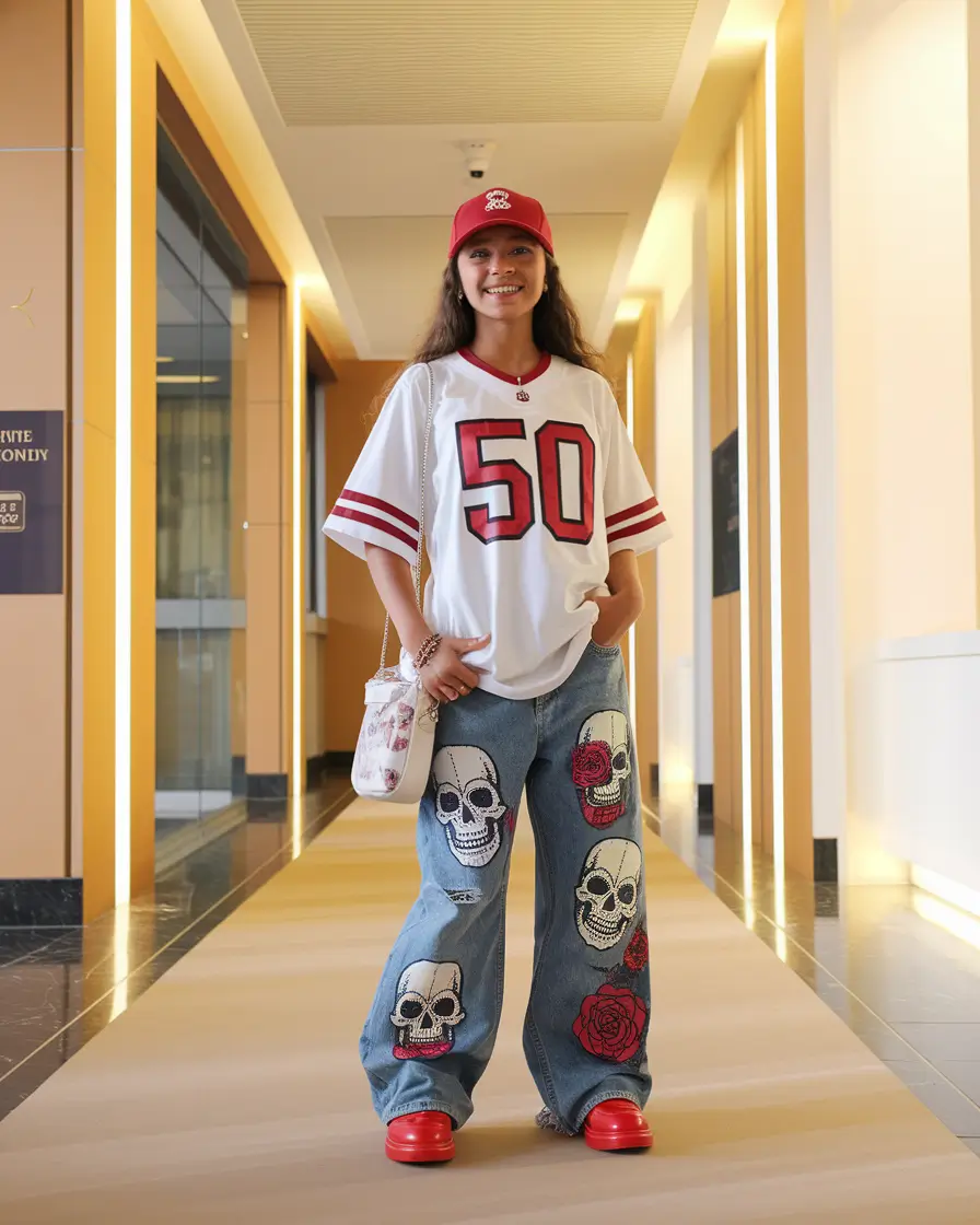 summer outfits teen girls casual Varsity Tee and Skull Patch Jeans Bold and Edgy
