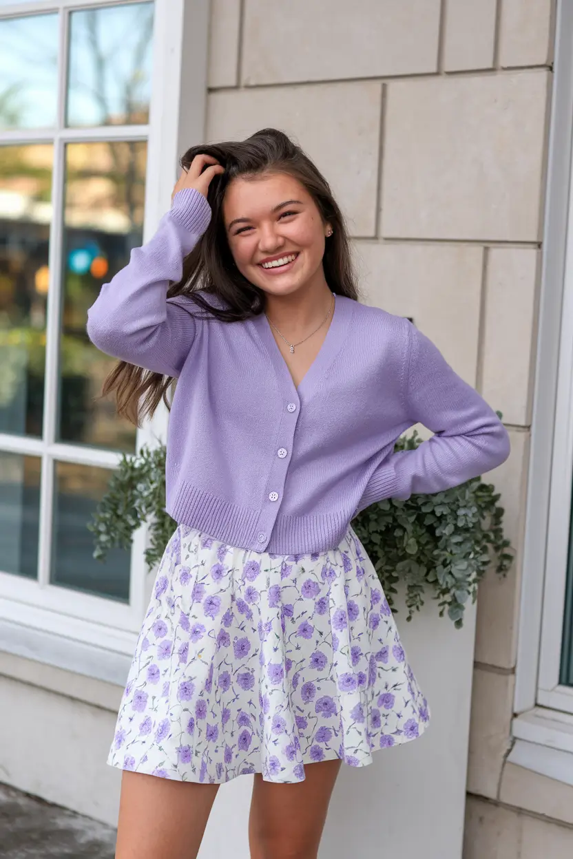 summer outfits teen girls modest Lavender Cardigan and Floral Skirt Soft and Sweet for Summer