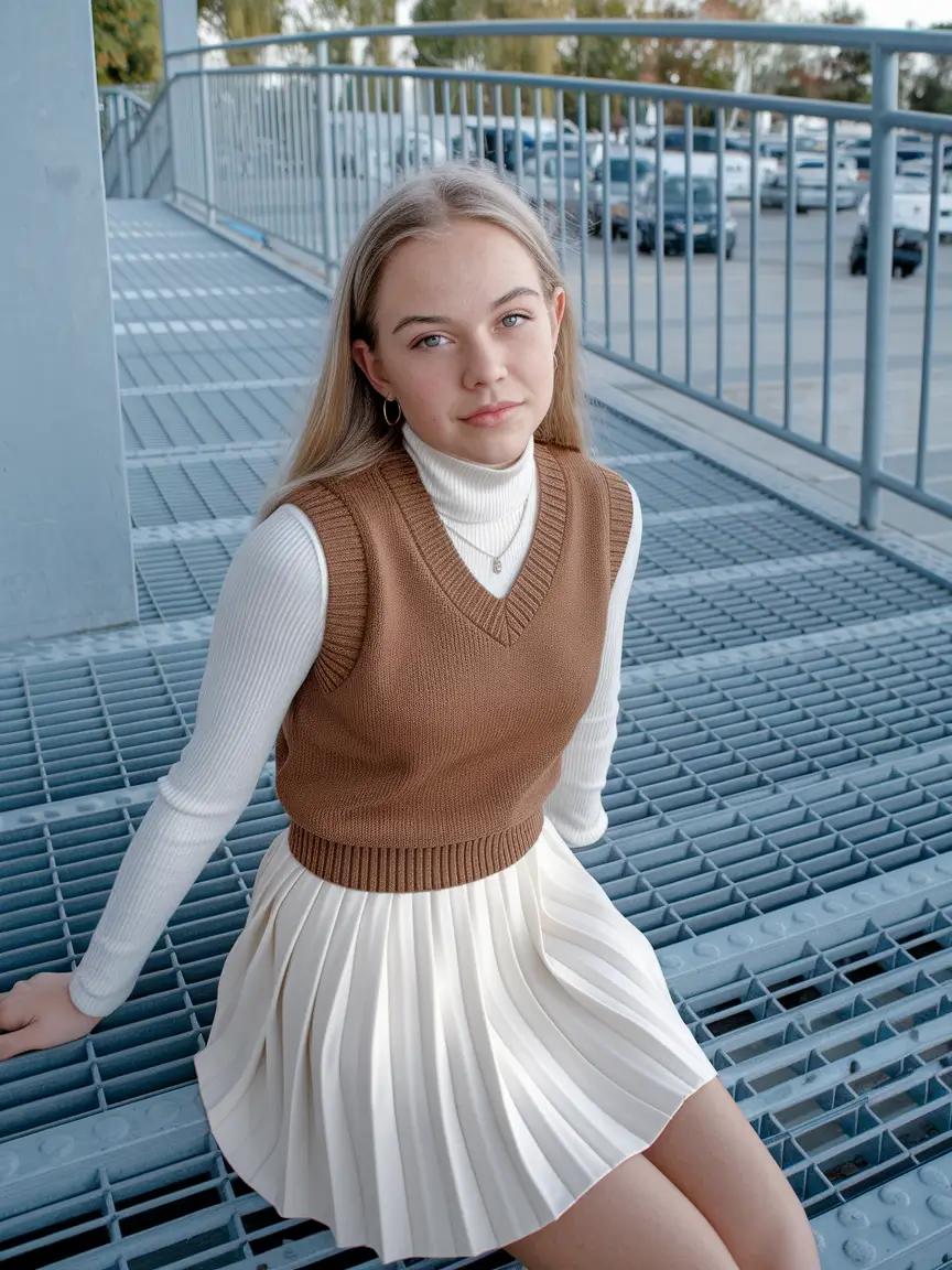 summer outfits teen girls modest Layered Knit Vest and Pleated Skirt Preppy Chic