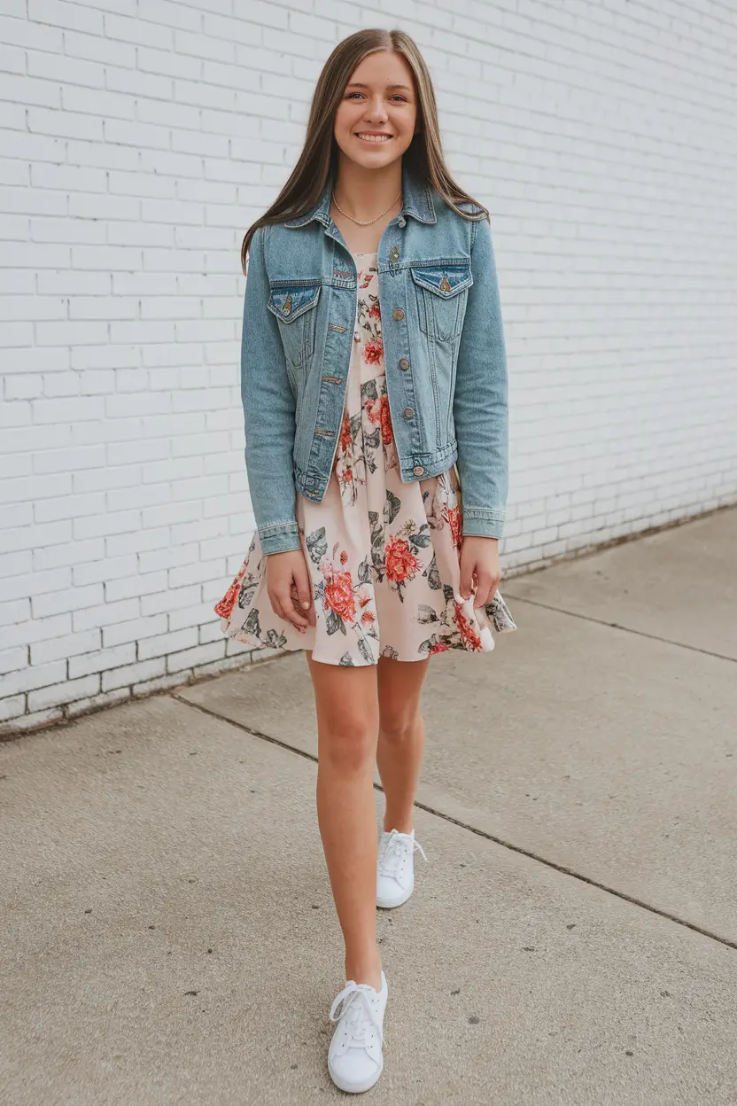summer outfits teen girls 2025 Floral Dress and Denim Jacket Effortless Summer Style