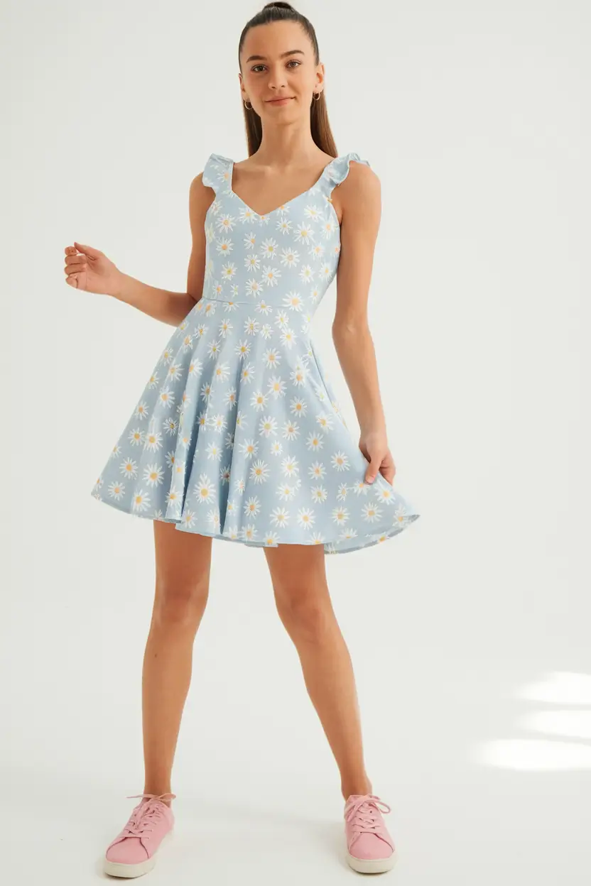 summer outfits teen girls casual Blue Daisy Print Sundress Sweet and Playful
