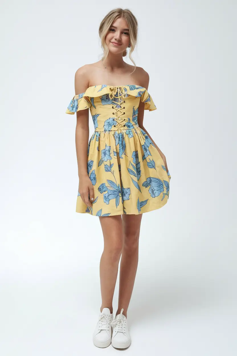 summer outfits teen girls casual Yellow Off-Shoulder Lace-Up Dress Bold and Playful Summer Vibes