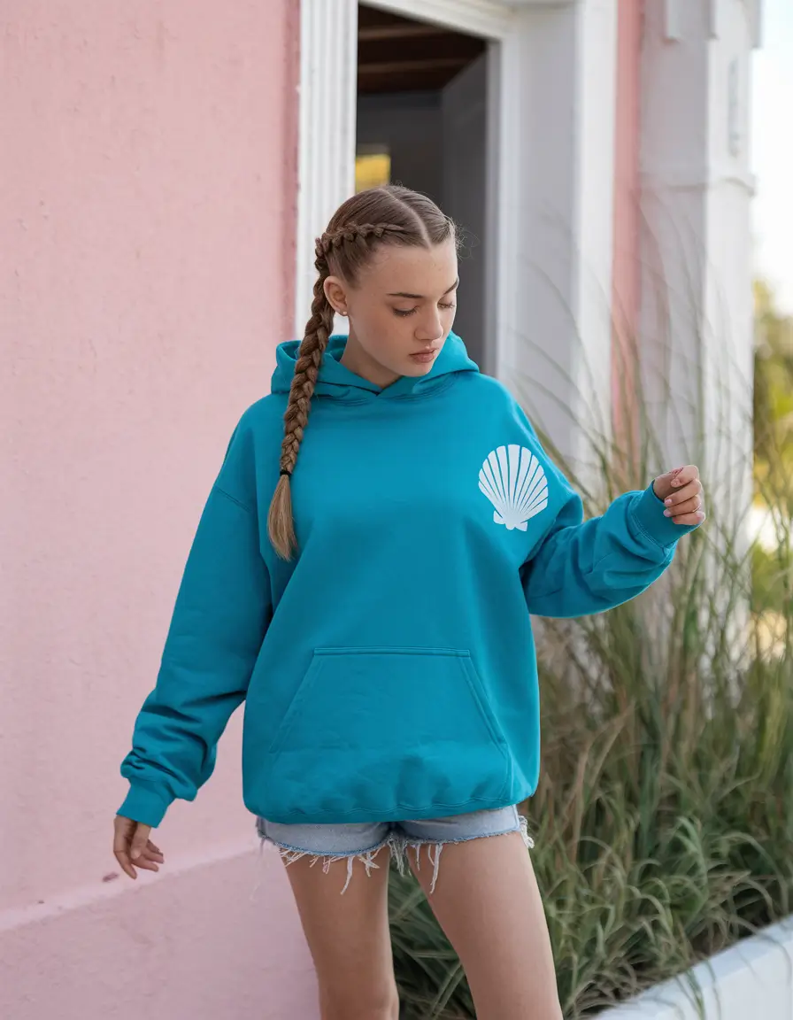 summer outfits for teen girls beach Turquoise Hoodie and Denim Shorts Laid-Back Beach Day Style