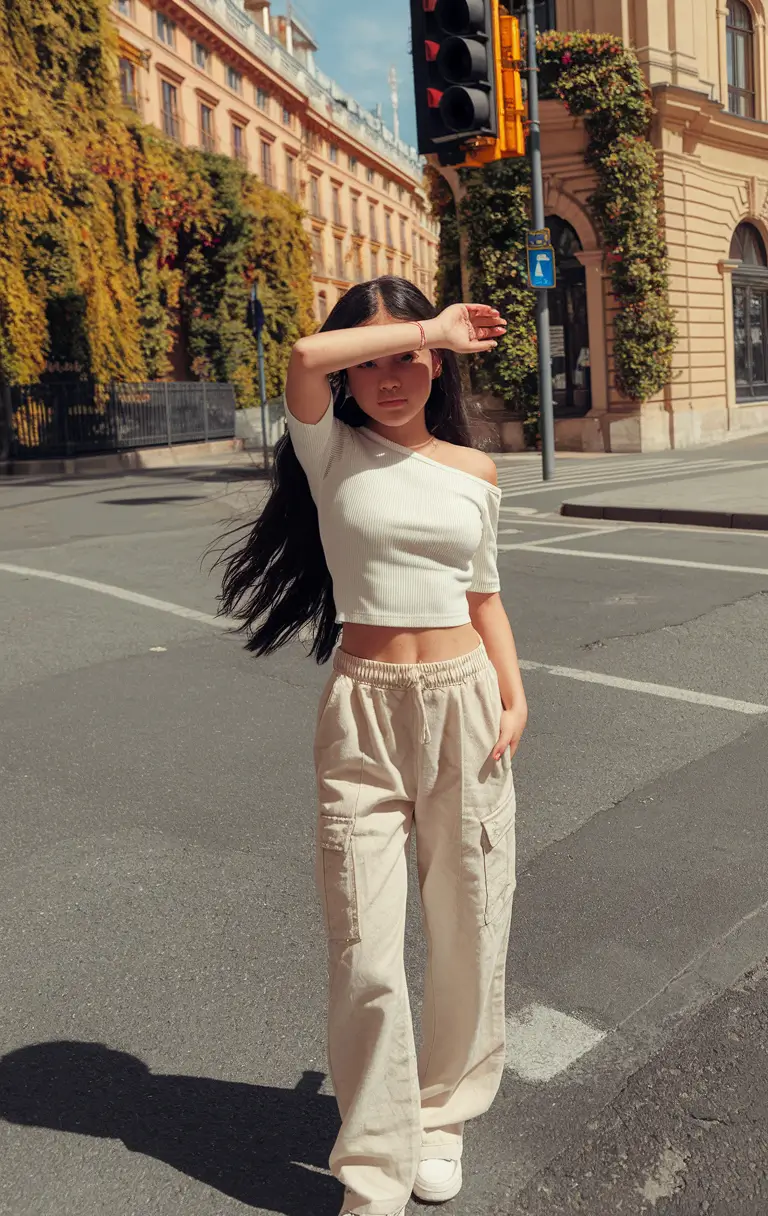 summer outfits teen girl black Ribbed Off-Shoulder Top and Cargo Pants Urban Cool