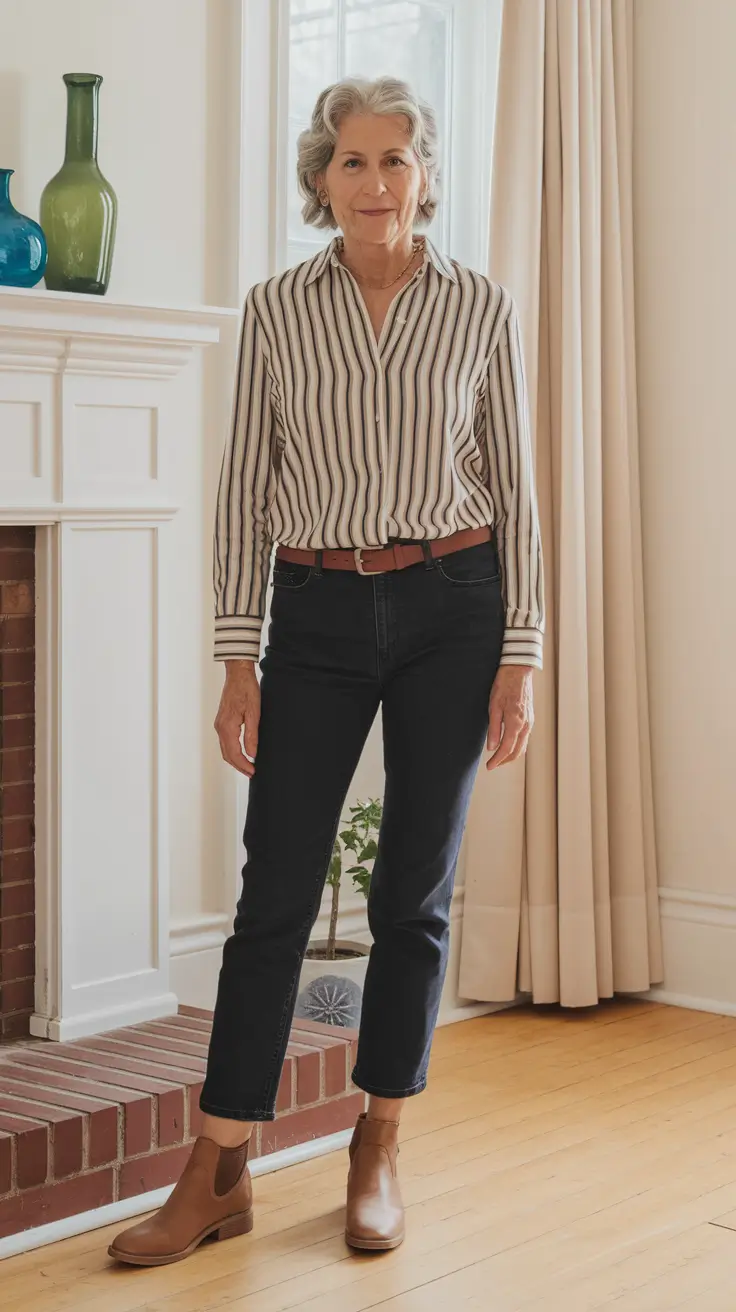 summer outfit women over 60 Stripes, Slim Denim, and Understated Structure