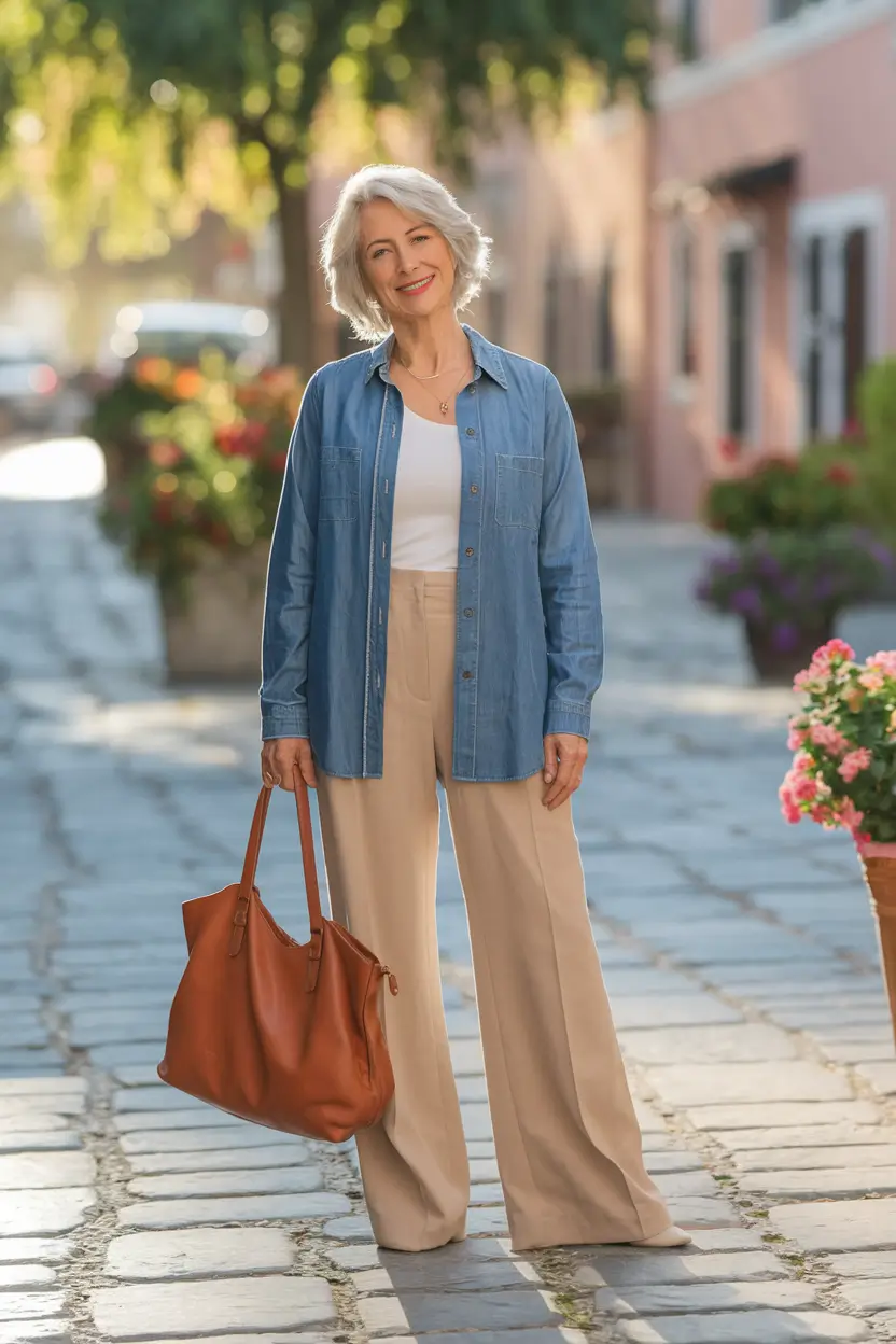 summer outfit women over 60 Denim Layers and Parisian Neutrals