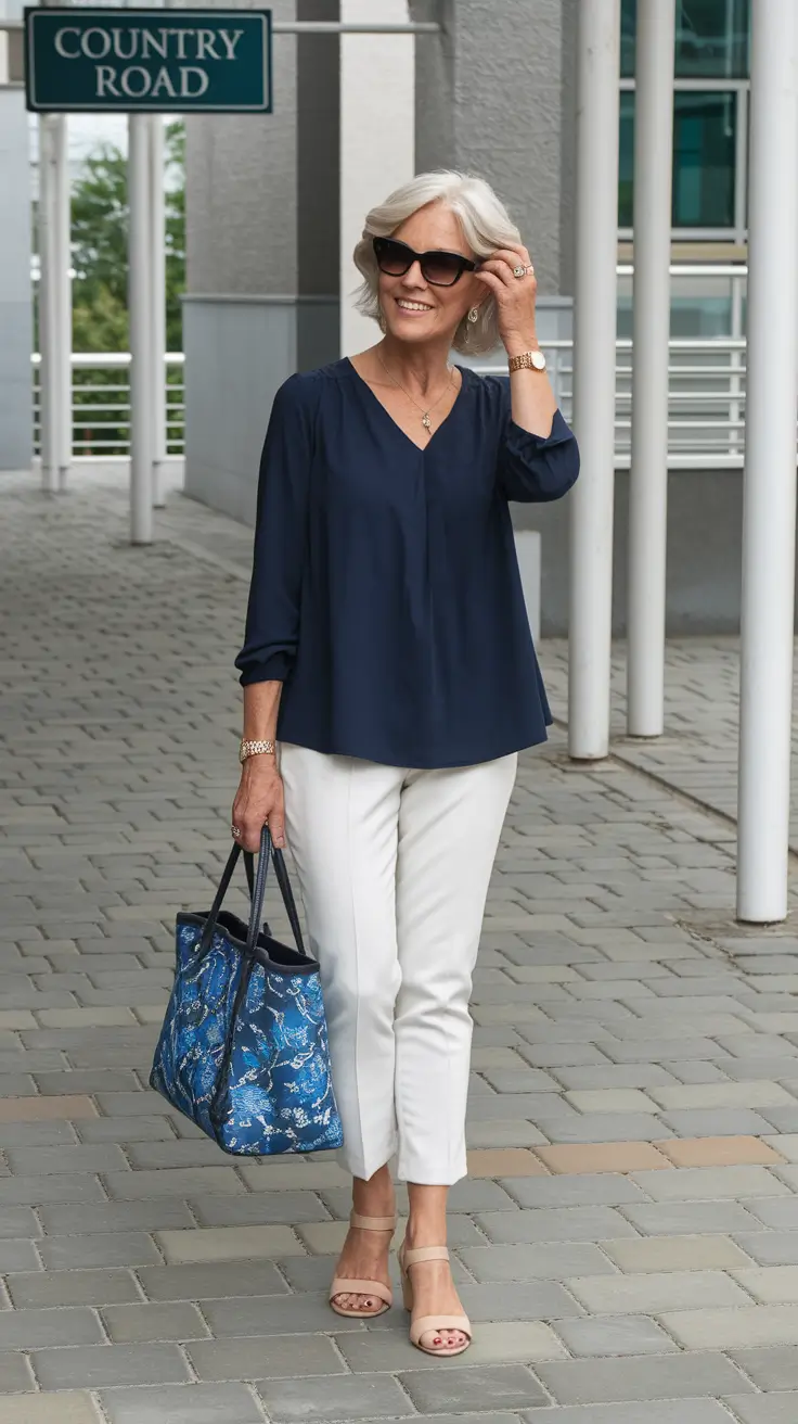 summer outfit women over 60 Smart Navy and White with a Pop of Pattern