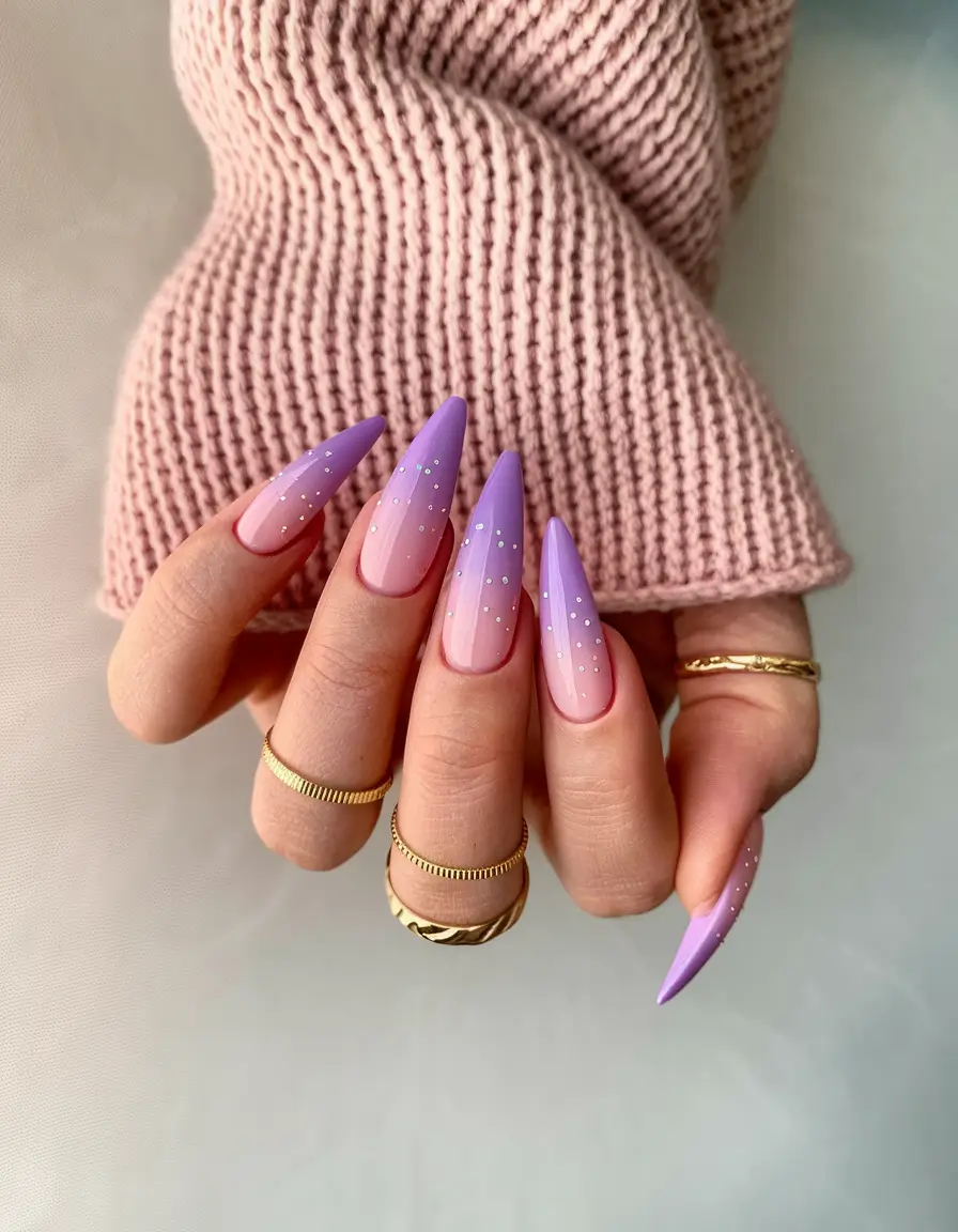 summer acrylic nail ideas 2025 Lavender Ombré Magic with a Starry Finish