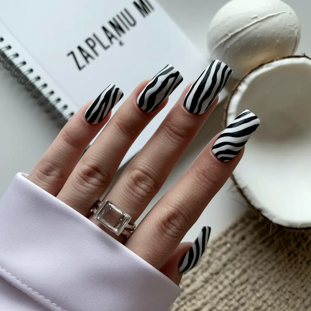 summer acrylic nail ideas 2025 Monochrome Zebra for Minimalist Drama