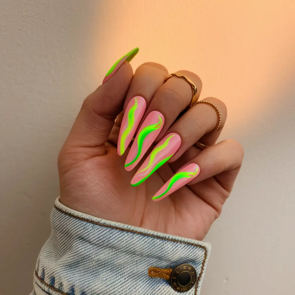 summer acrylic nail ideas 2025 Glow Stick Neon Meets Retro Swirls