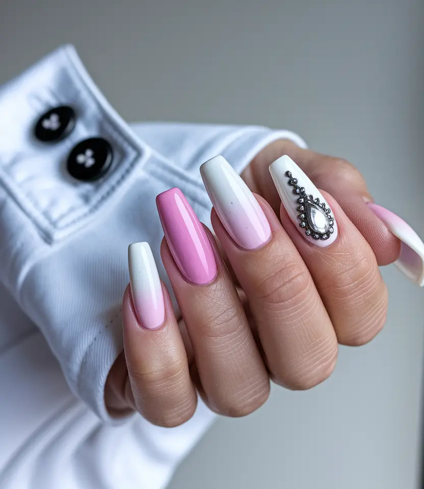 summer acrylic nail ideas 2025 Princess Pink with Statement Bling