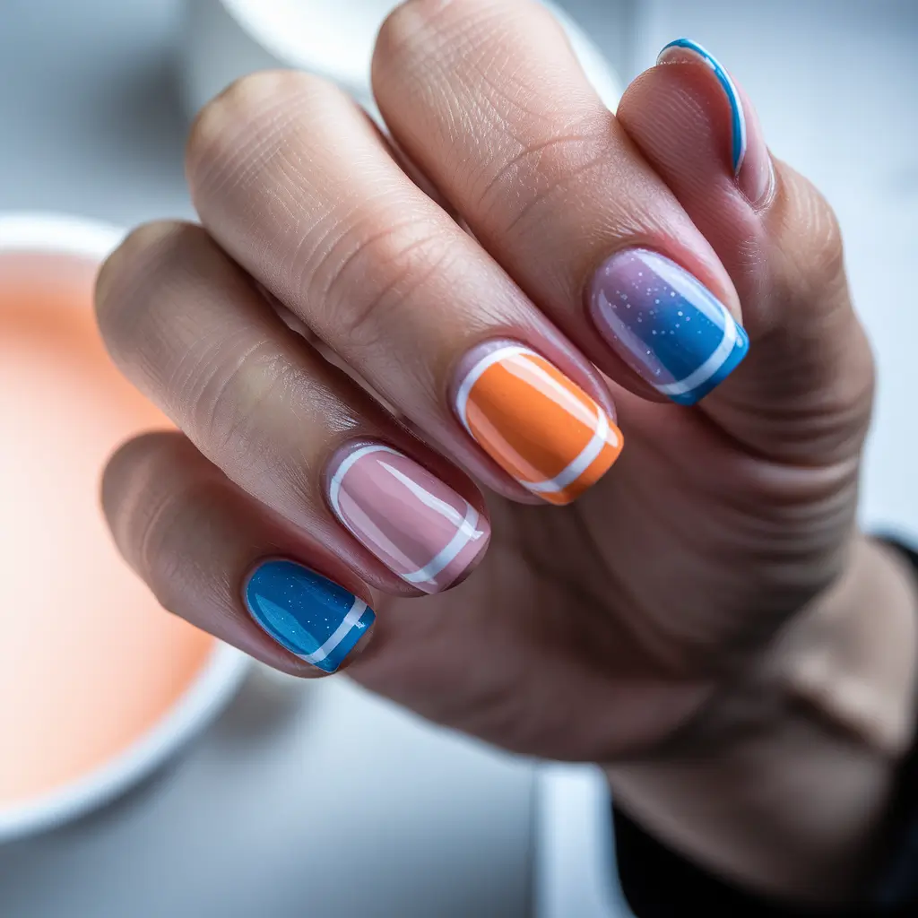 summer acrylic nail ideas 2025 Retro Tennis Stripe Energy