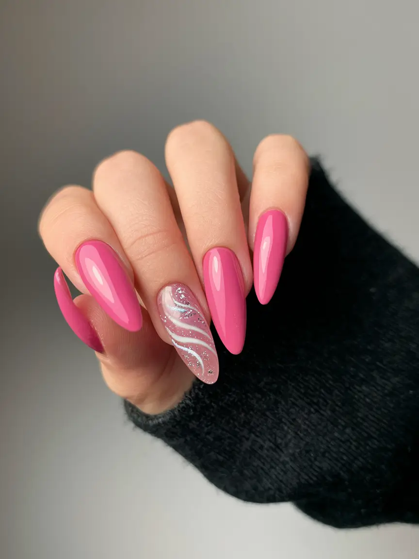 summer acrylic nail ideas 2025 Glossy Pink with a Swirl Accent