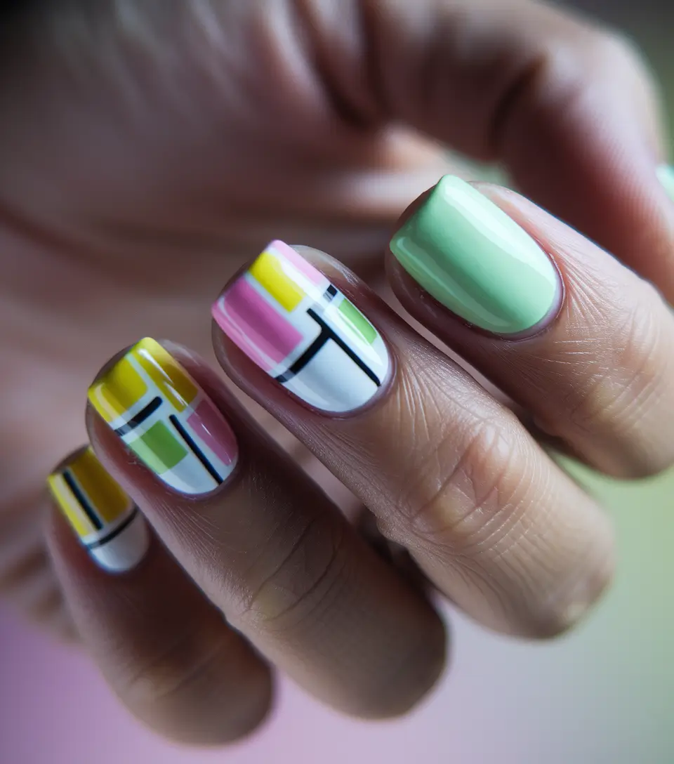 summer acrylic nail ideas 2025 Color Block Chic with a Retro Pulse