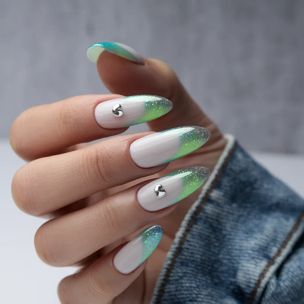 summer acrylic nail ideas 2025 Seafoam Fade with 3D Chrome Heart Accents