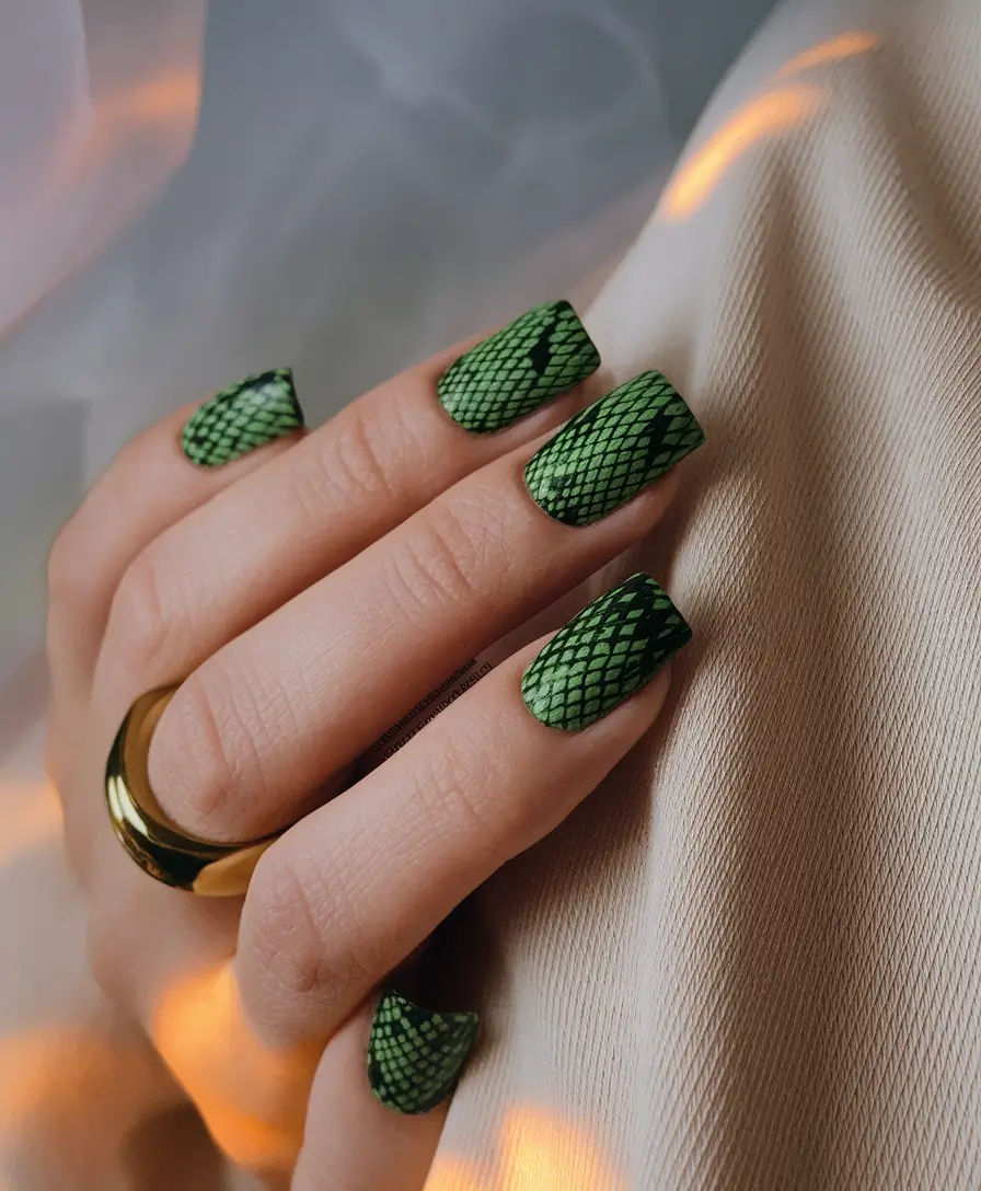summer acrylic nail ideas 2025 Matte Green Snake Print That Bites Back