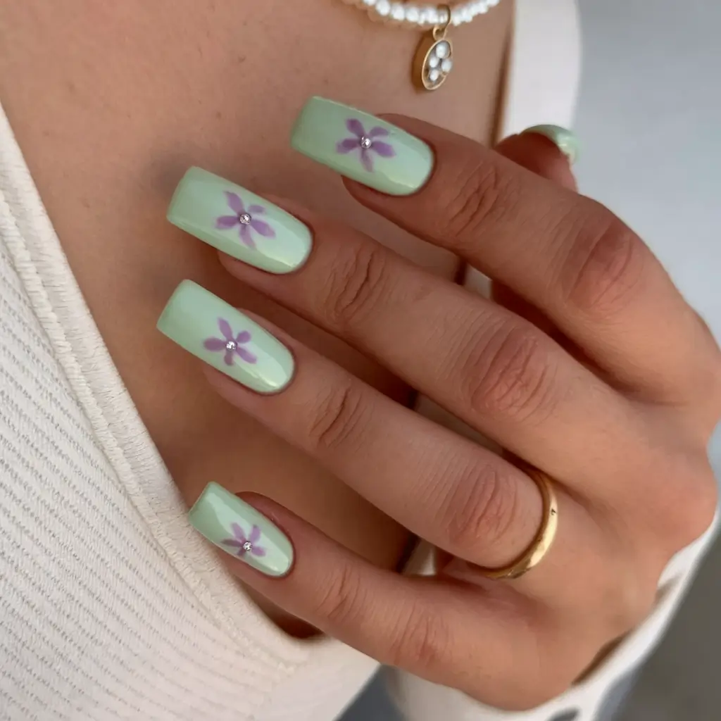 summer acrylic nail ideas 2025 Mint Blossoms with a Touch of Whimsy