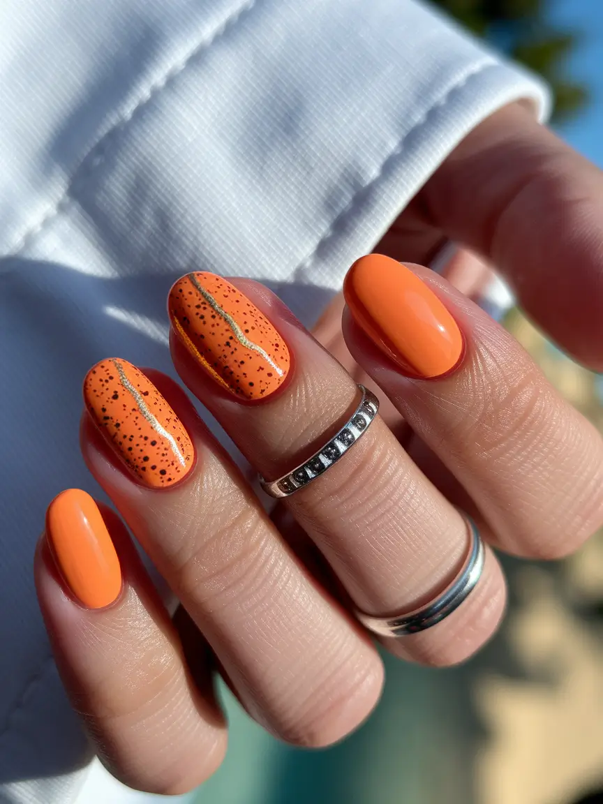 summer acrylic nail ideas 2025 Tangerine Dream with a Spark of Gold