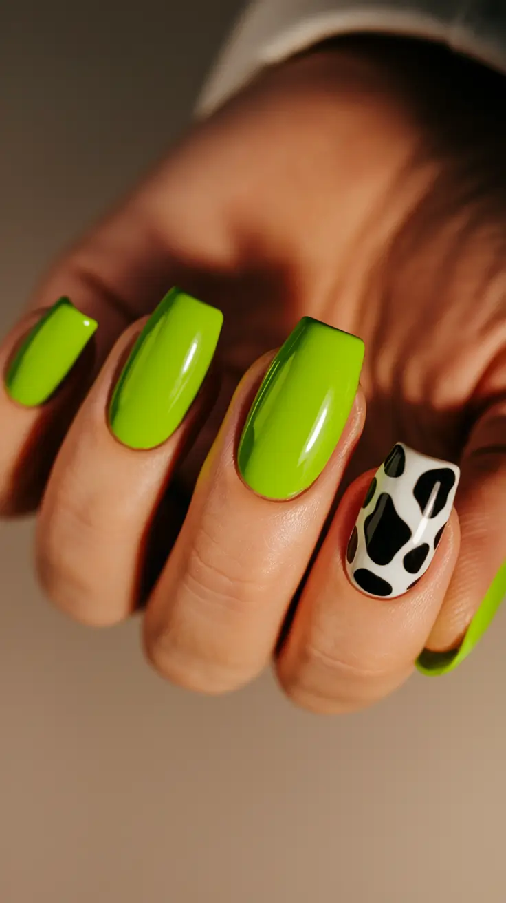 summer acrylic nail ideas 2025 Lime Pop Meets Cowprint Sass